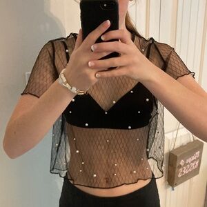 Black Sheer Mesh Top with Pearl Accents